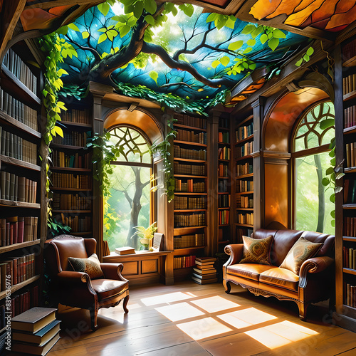Sunlight filters through a canopy of vibrant leaves, casting dappled light on a hidden library nestled within a giant hollowed-out tree. Vines weave between weathered wooden shelves overflowing photo