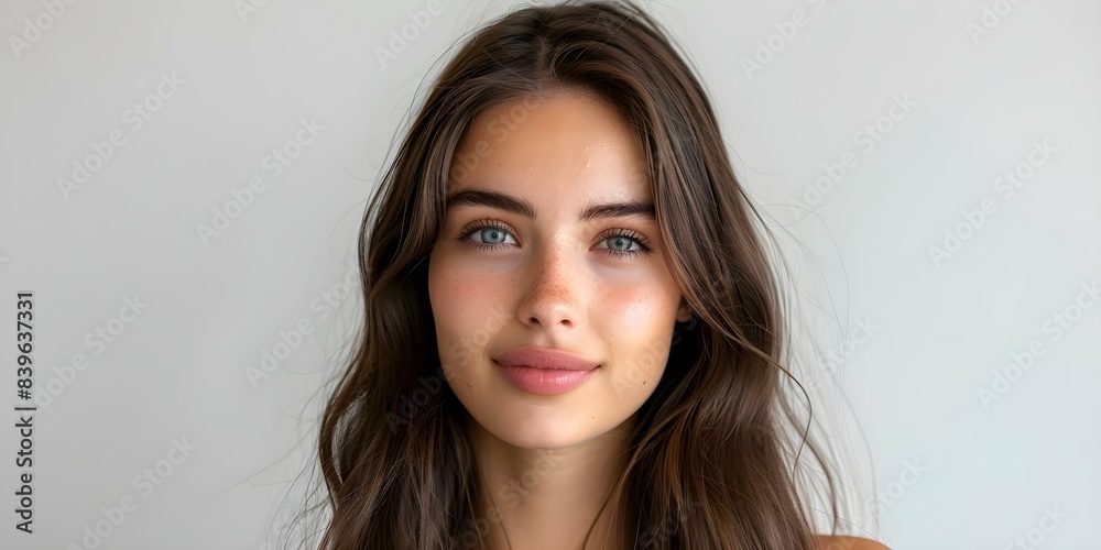 Portrait of a Beautiful Young Woman with Long Brown Hair on a White Background. Concept Beauty, Portrait Photography, Long Hair, White Background, Young Woman Portrait of a Beautiful Young Woman with Long Brown Hair on a White Background. Concept Beauty, Portrait Photography, Long Hair, White Background, Young Woman
