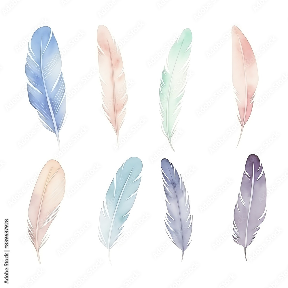 A vibrant collection of watercolor feathers in pastel colors, perfect for artistic and decorative designs. A vibrant collection of watercolor feathers in pastel colors, perfect for artistic and decorative designs.