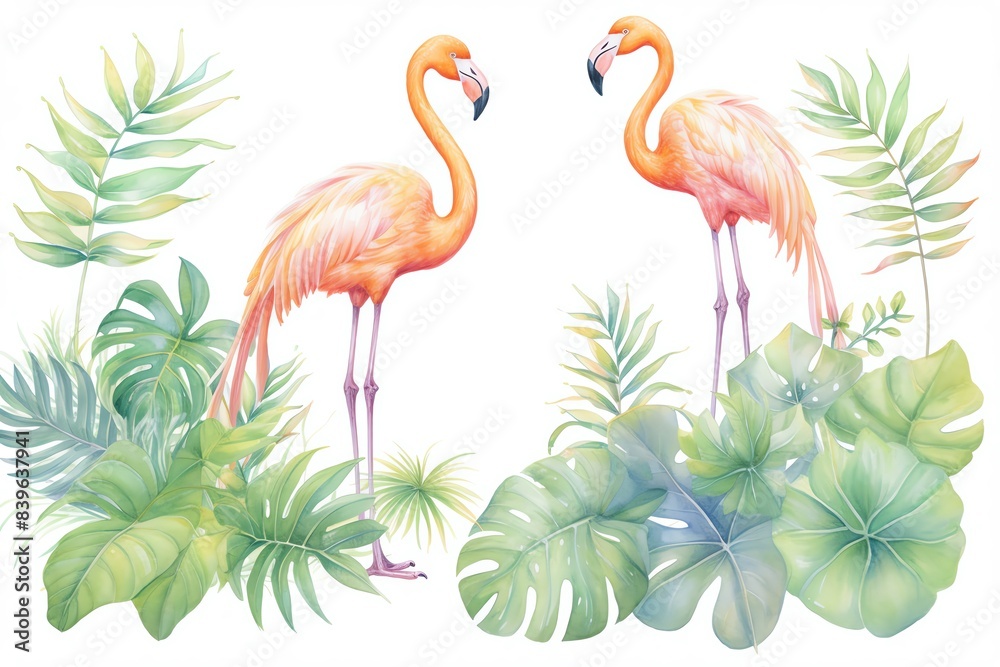 Fototapeta premium A vibrant illustration of two pink flamingos standing among lush tropical foliage, set against a white background, enhancing the exotic theme.