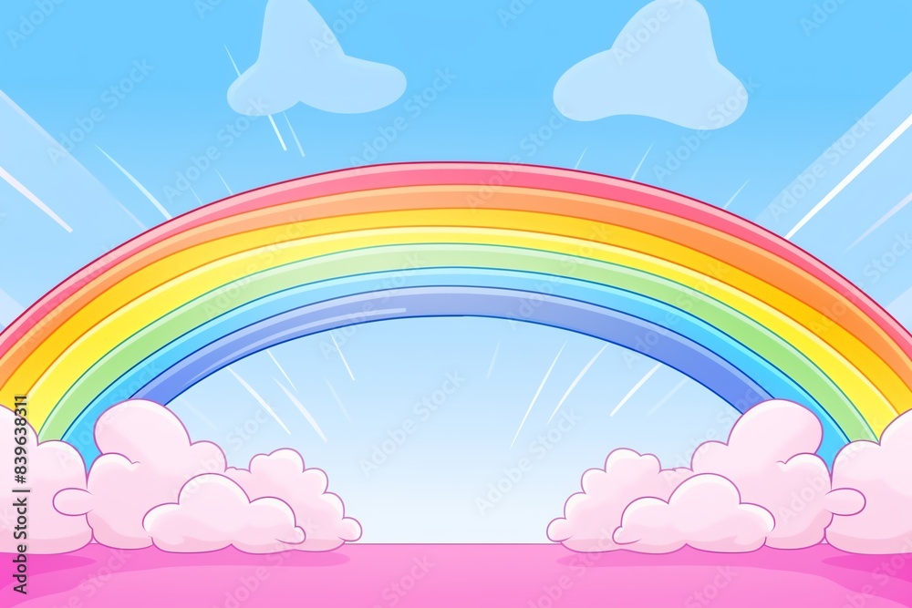 Colorful cartoon rainbow over pink clouds against a blue sky. Perfect for children's themes and vibrant, cheerful designs. Colorful cartoon rainbow over pink clouds against a blue sky. Perfect for children's themes and vibrant, cheerful designs.