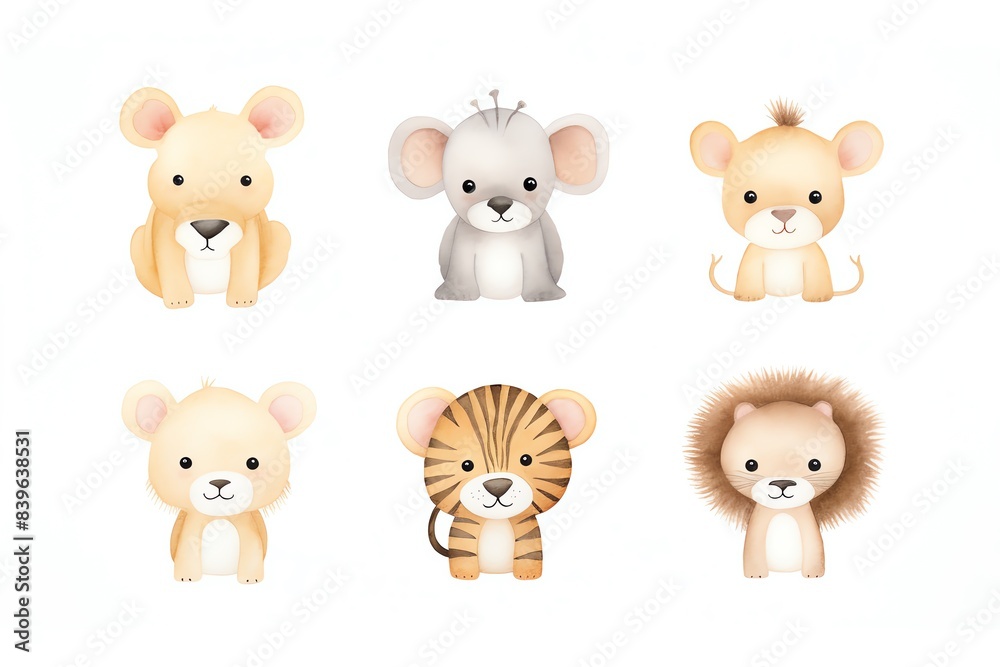 Cute animal illustrations featuring a bear, mouse, lion, baby animals. Perfect for kids' designs, clips, and educational materials.