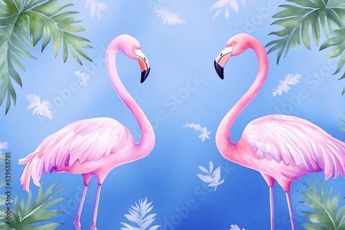 Illustration of two vibrant pink flamingos facing each other with tropical leaves on a blue background.