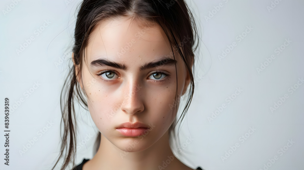 teenage girl with a serious and focused expression on white backdrop. generative ai teenage girl with a serious and focused expression on white backdrop. generative ai
