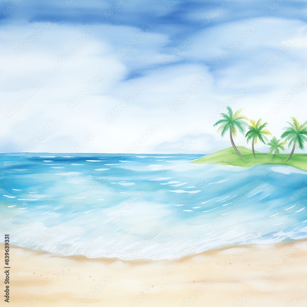 Tranquil beach scene with clear blue sky, gentle waves, and palm trees on the horizon. Perfect for a summer getaway.
