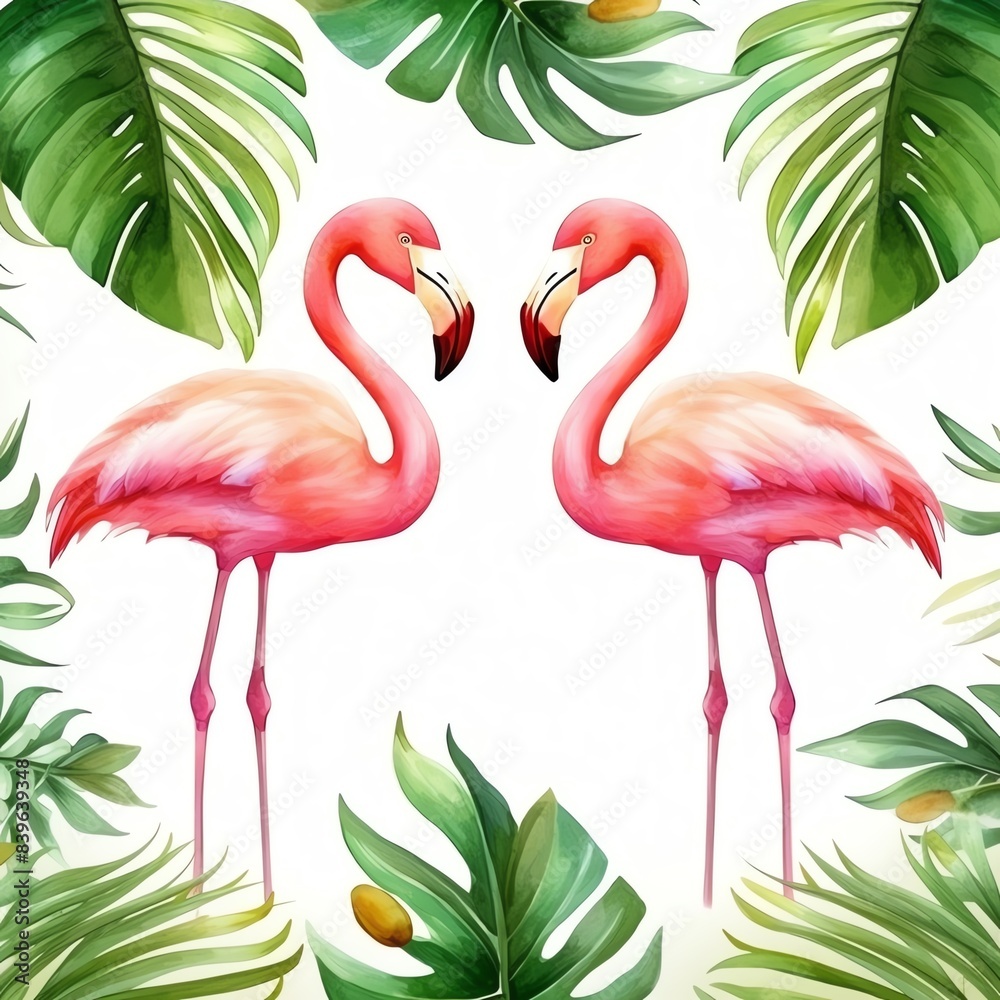 Fototapeta premium Vibrant watercolor illustration of two pink flamingos surrounded by lush green tropical leaves, perfect for vibrant decor and designs.