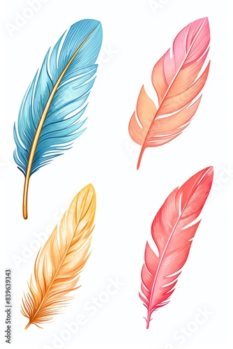 Vibrant illustration of colorful feathers in blue, pink, and yellow hues against a white background, perfect for decoration and design projects. © Pee