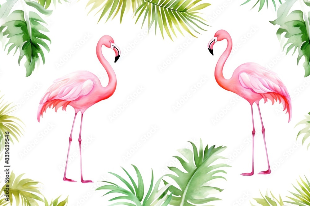 Fototapeta premium Watercolor illustration of two pink flamingos surrounded by tropical leaves. Perfect for summer-themed designs and nature-inspired art.