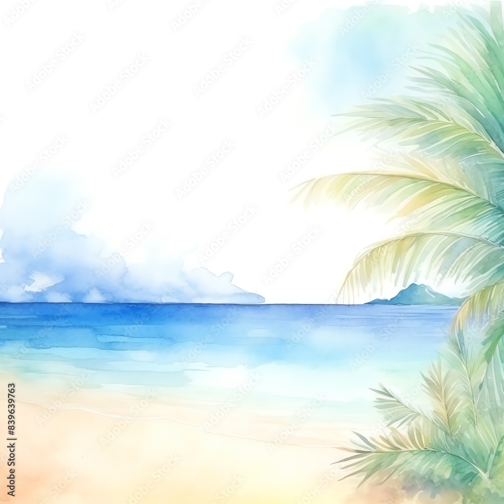 Watercolor tropical beach scene with palm tree and distant island, capturing serene ocean and shoreline in pastel hues. Watercolor tropical beach scene with palm tree and distant island, capturing serene ocean and shoreline in pastel hues.