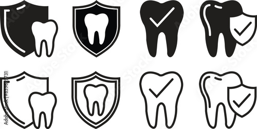 Set of Dental Shield Tooth Protection flat icons. Healthy teeth and shield, anti-caries and protection bacteria. Dental Care, Teeth, insurance symbol editable stock isolated on transparent background.