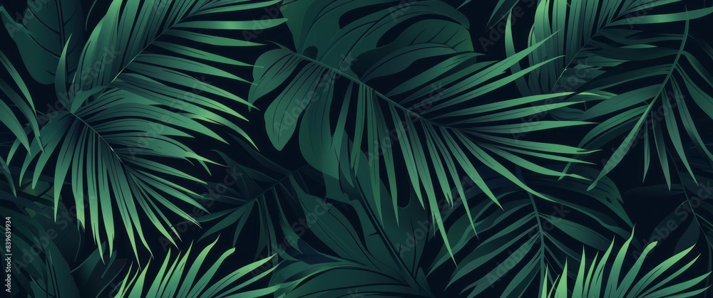 A seamless pattern of an elegant dark green palm leaf design, with symmetrical lines and soft curves A seamless pattern of an elegant dark green palm leaf design, with symmetrical lines and soft curves