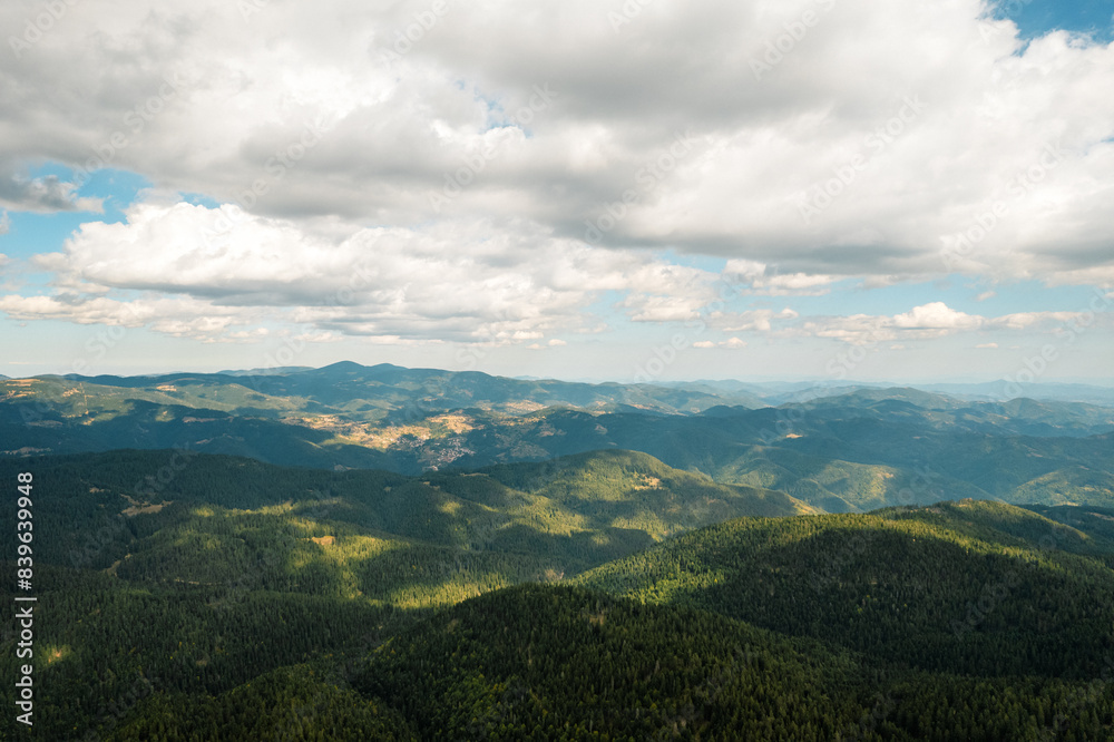 Green coniferous forest and grass meadows top view aerial view. Beautiful mountain range against blue sky on sunny