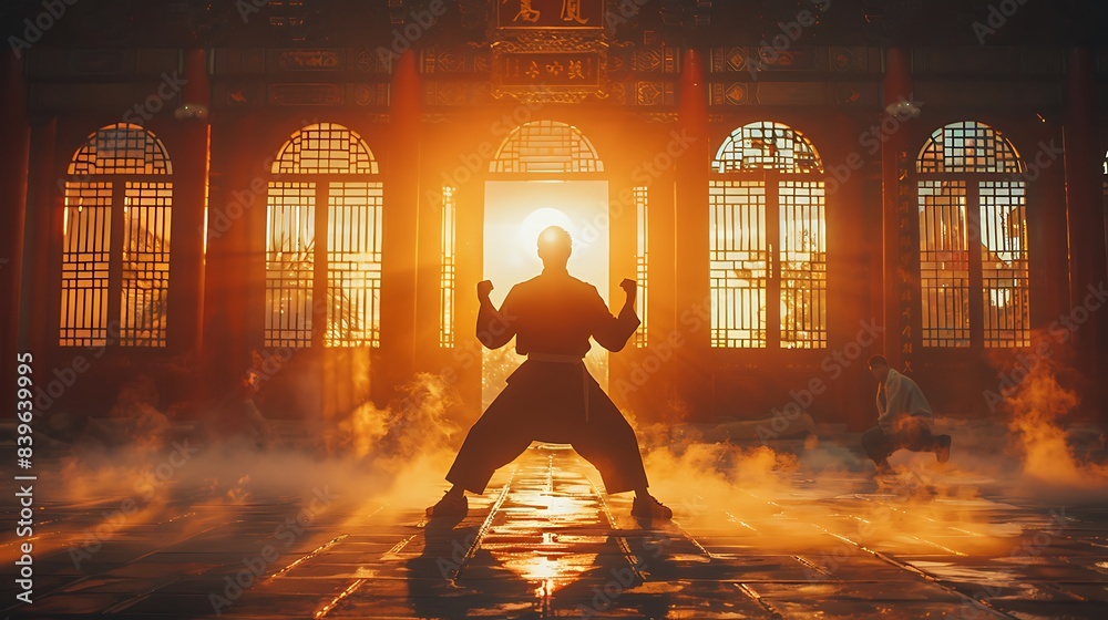 man practicing Kung Fu in a traditional temple his movements precise and fluid as he trains in martial arts man practicing Kung Fu in a traditional temple his movements precise and fluid as he trains in martial arts