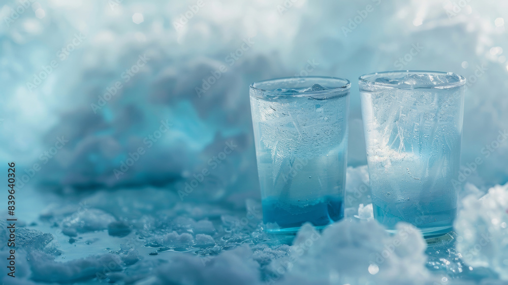 Two frozen glasses with mineral water on a snowy background. Two frozen glasses with mineral water on a snowy background.