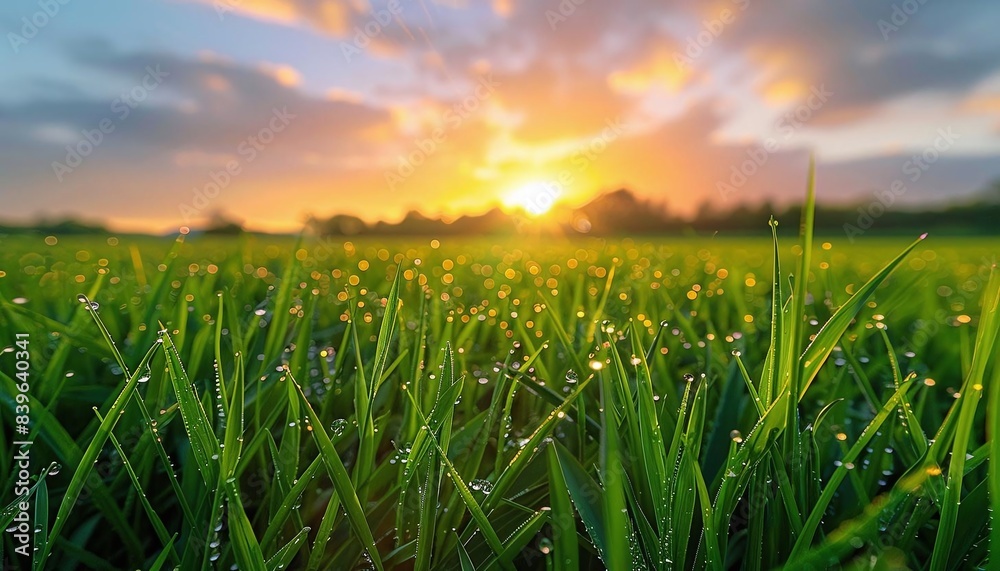 Fototapeta premium A detailed closeup of fresh green grass with morning dew, positioned in the lowerright third, with a sunrise in the background