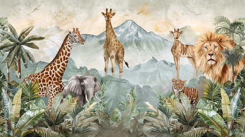 Fototapeta Naklejka Na Ścianę i Meble -  Safari Wildlife Wallpaper Mural featuring tropical animals such as Giraffe, Lion, and Elephant, depicted in a watercolor illustration against a backdrop of mountains 