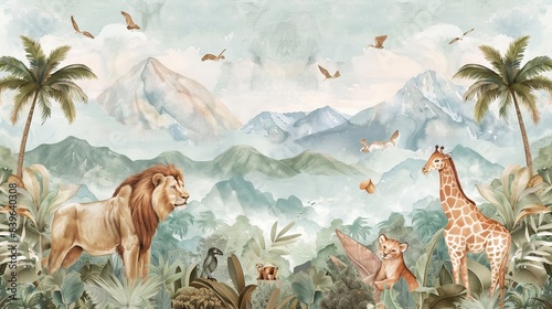 Safari Wildlife Wallpaper Mural featuring tropical animals such as Giraffe, Lion, and Elephant, depicted in a watercolor illustration against a backdrop of mountains 