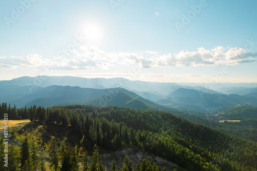 Beautiful mountains range against blue sky on sunny. Green coniferous forest and grass meadows top view aerial view. Nature. Relax. Travel