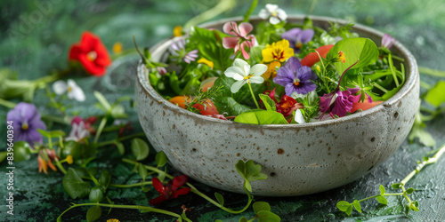 Leaf salad with small edible flowers in a concrete bowl on green background.