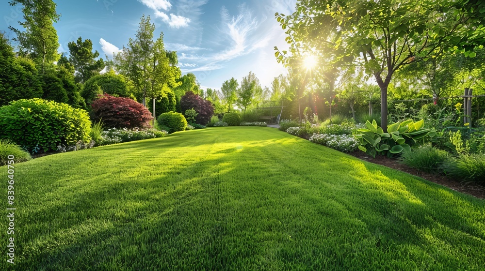 Obraz premium A stunning wide-format image capturing a manicured country lawn bordered by trees and shrubs, set against a bright summer day backdrop. Embracing the essence of spring and summer nature.