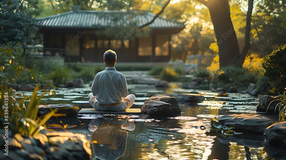 man practicing Qigong in a serene garden moving with gentle flowing movements to cultivate energy and balance man practicing Qigong in a serene garden moving with gentle flowing movements to cultivate energy and balance