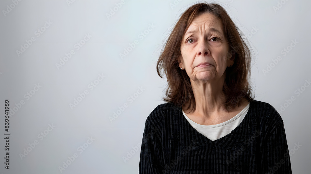 middle aged woman showing sadness and sorrow against white background. generative ai middle aged woman showing sadness and sorrow against white background. generative ai