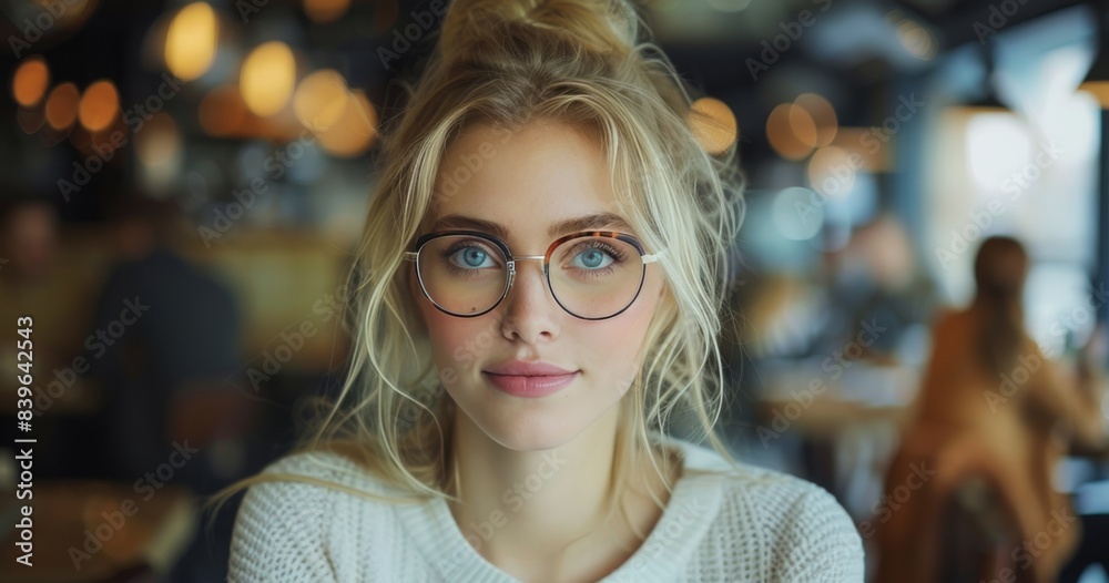 Woman With Blonde Hair and Glasses Sitting in a Coffee Shop