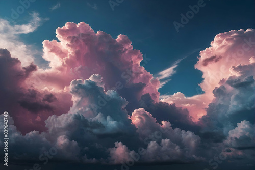 Pink and grey dramatic cloudscape, fluffy cumulus clouds on sunset, stormy, dusk weather.