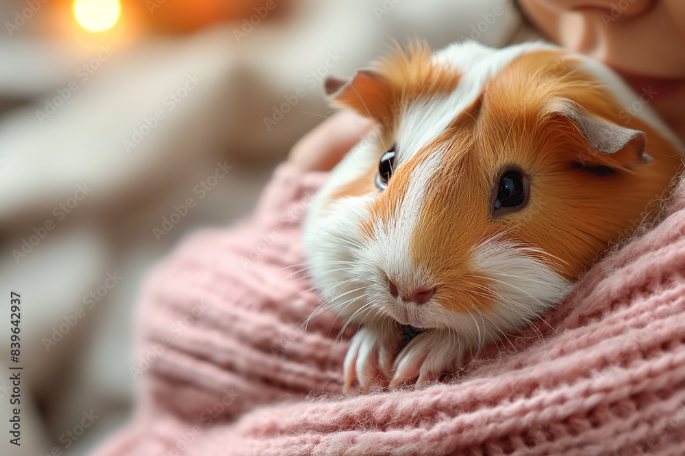 A person with anxiety holding their emotional support guinea pig, finding comfort in the small animal's presence, in a softly lit and cozy living room A person with anxiety holding their emotional support guinea pig, finding comfort in the small animal's presence, in a softly lit and cozy living room
