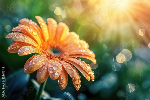 Orange gerbera flower with water droplets and a blurred background