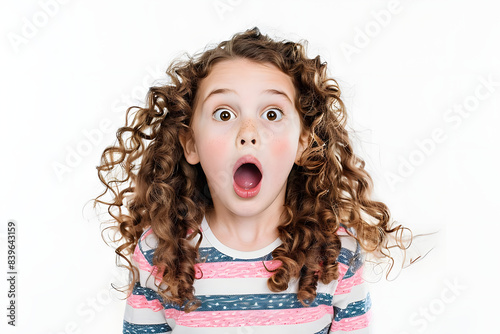 young girl looking surprised and amazed on white backdrop. generative ai