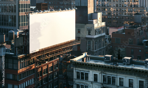 A wide white billboard on top of a building, in New York, mockup, dramatic lighting, cinematic, shadows on buildings