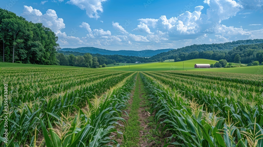A verdant cornfield extends towards rolling hills under a blue sky with fluffy clouds