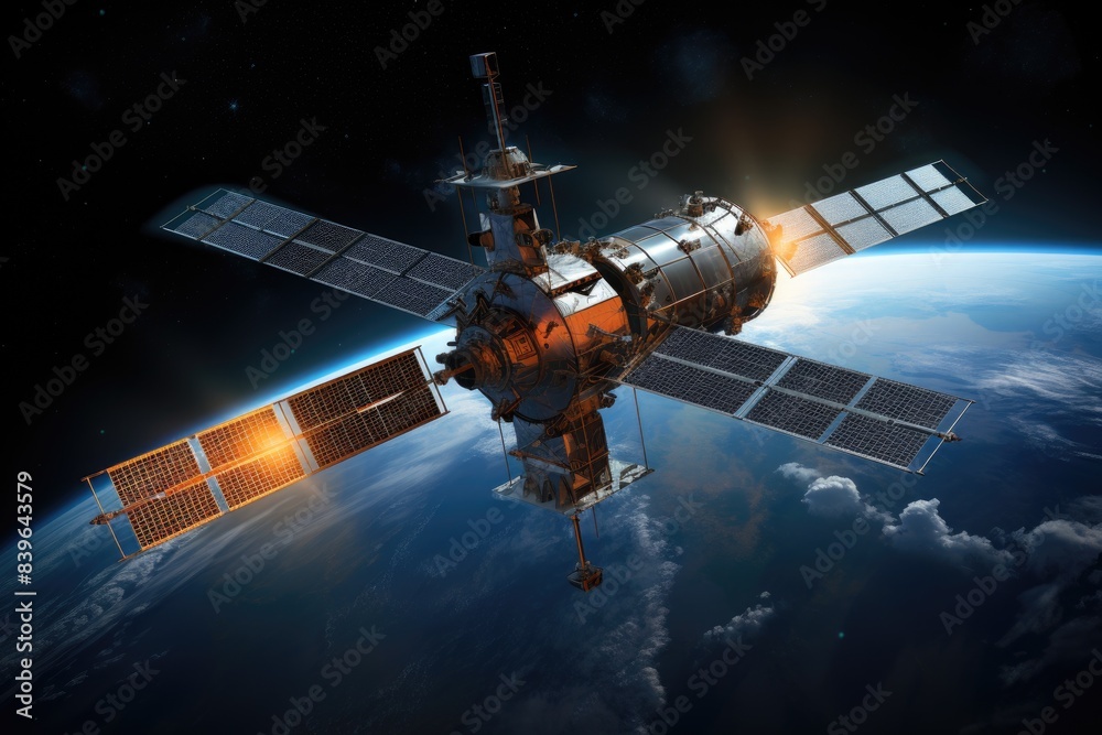 Satellite orbiting over Earth in space Satellite orbiting over Earth in space