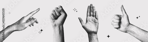 Trendy Halftone Collage Hand Gestures. Stipple photocopy effect. Hand pointing, fist up, thumb up and palm. Grainy y2k elements for design. Pixel pop art. Vector dots texture