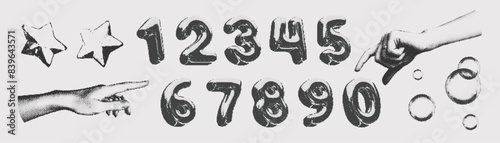 Trendy Halftone numbers from 0 to 9. Stipple photocopy effect. Hand pointing gesture. Grainy y2k elements for design. Pixel pop art. Vector dots texture