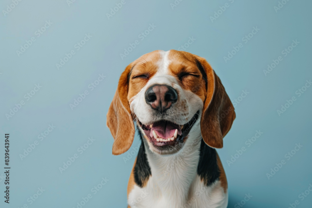 A photograph of a beagle dog with its eyes closed in joy, almost smiling, against a light blue pastel background. A photograph of a beagle dog with its eyes closed in joy, almost smiling, against a light blue pastel background.