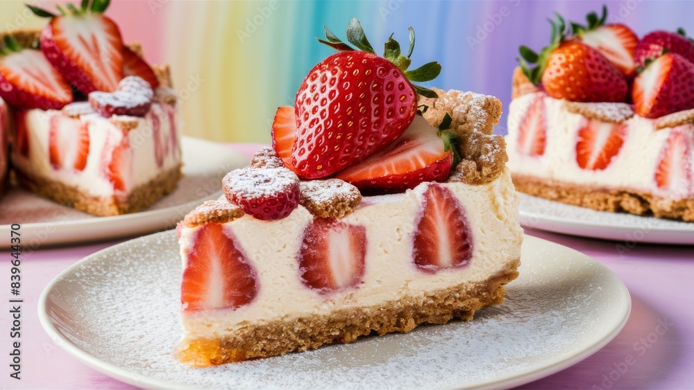 Delicious slice of strawberry crispy cheesecake delight.