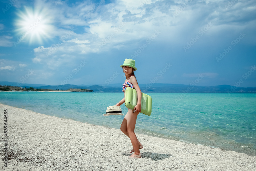 happy child by the sea on hammock in greece background happy child by the sea on hammock in greece background