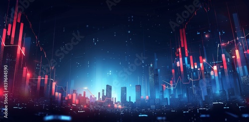 Nighttime Cityscape With Red and Blue Stock Market Charts