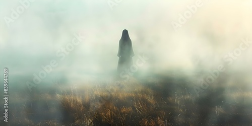 Mysterious Figure in the Fog of the Purgatory Realm, Between Life and Death. Concept Fantasy, Mysterious, Spiritual, Otherworldly, Life and Death