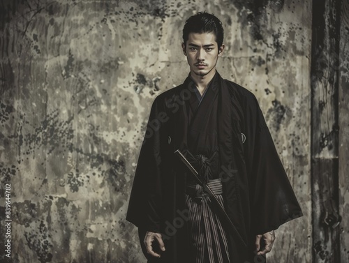 Serious Samurai Warrior in Traditional Black Kimono Holding Sword Against Rustic Background