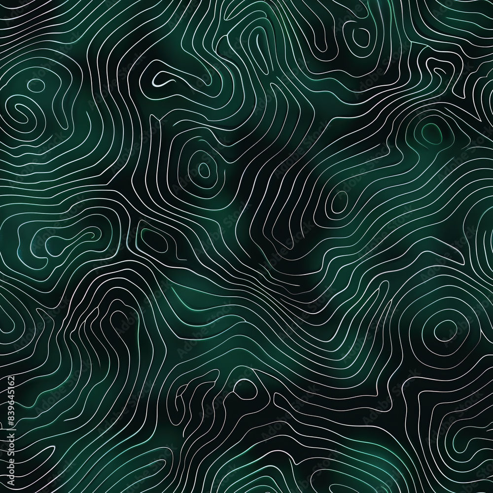 Seamless pattern of topographic map lines in dark green and black.
Seamless pattern of topographic map lines in dark green and black.