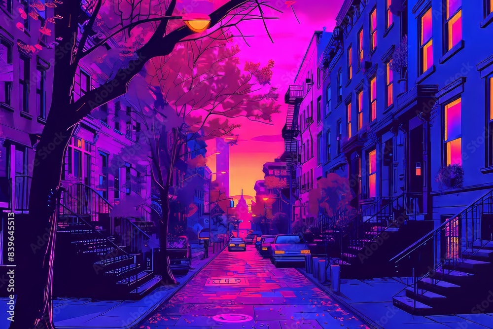 City street with 1980s cars in one point perspective, creating nostalgic urban scene City street with 1980s cars in one point perspective, creating nostalgic urban scene