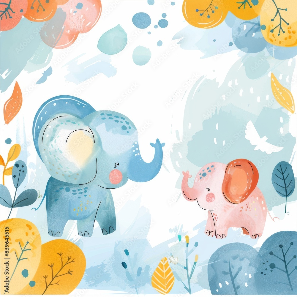 The watercolor illustration of two cute elephants playing in a meadow with flowers and leaves. The watercolor illustration of two cute elephants playing in a meadow with flowers and leaves.