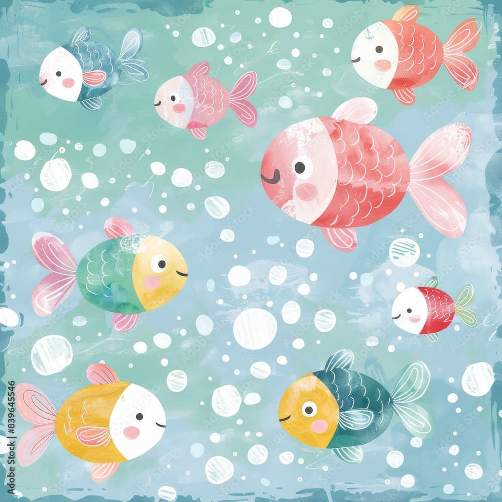 The image shows a group of cartoon fish of different colors swimming in a blue ocean The image shows a group of cartoon fish of different colors swimming in a blue ocean