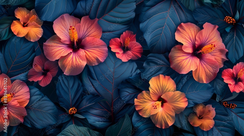 botanical banner design, colorful and detailed hibiscus pattern banner ideal for summer events and tropical projects, featuring abstract botanical design
