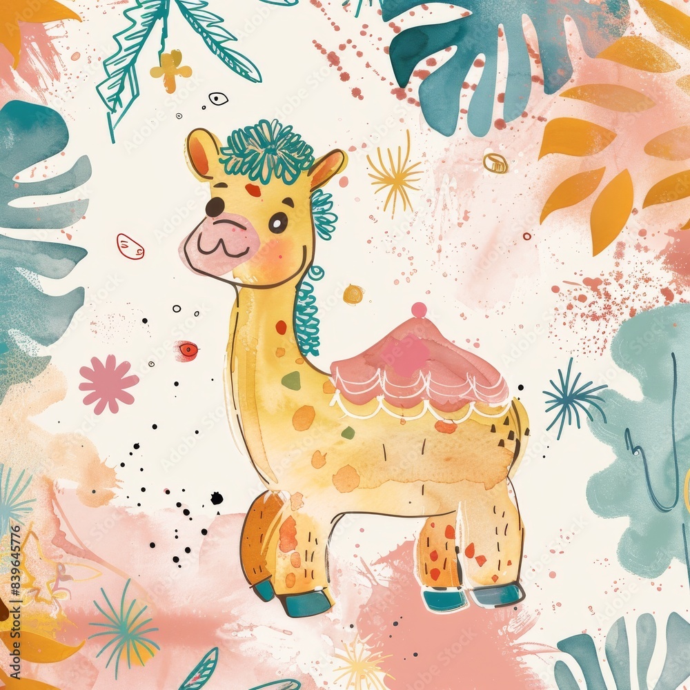 Obraz premium Cute watercolor llama with floral background.