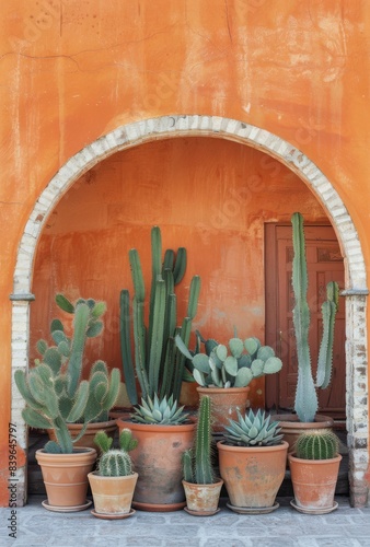 Cactus and Terracotta Pots in Front of an Orange Wall With a Window