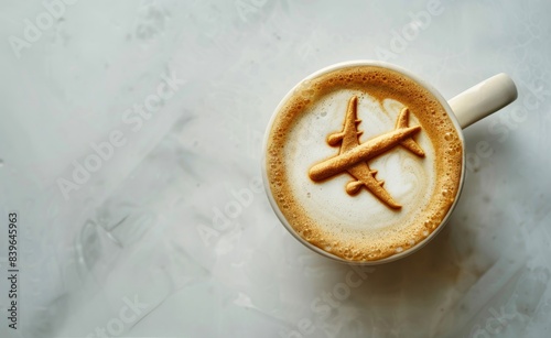 Airplane Latte Art in White Mug on Marble Surface